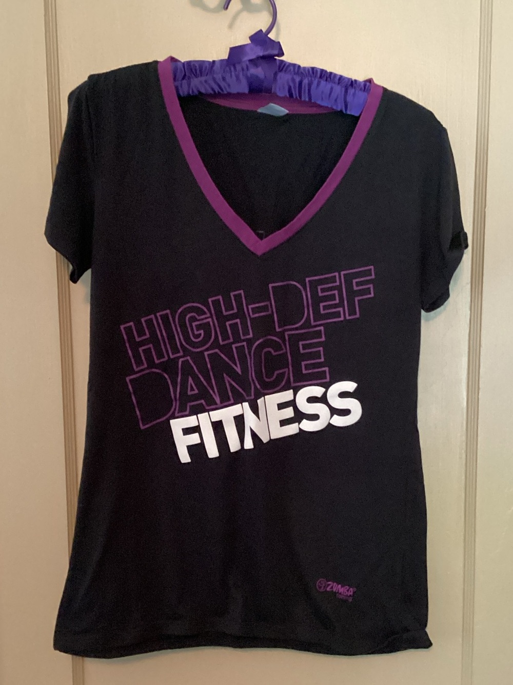 Zumba Fitness Instructor Black V-Neck Tee with Purple Trim and White Print